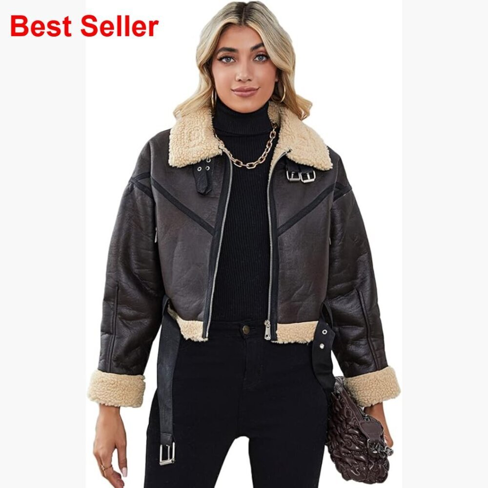 Faux Leather Aviator Bomber Jacket with Faux Fur Lining